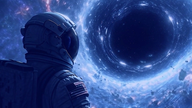 An astronaut in a spacesuit looks toward a swirling cosmic vortex in deep space
