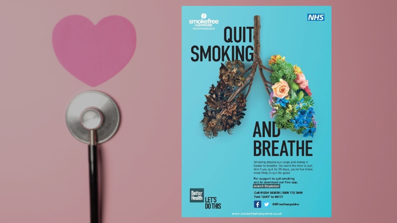 Quit smoking campaign poster showing lungs made of flowers and dried branches beside a stethoscope