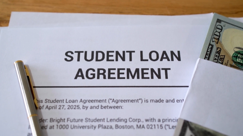 Student loan agreement document on a desk with a pen and U.S. dollar bills visible