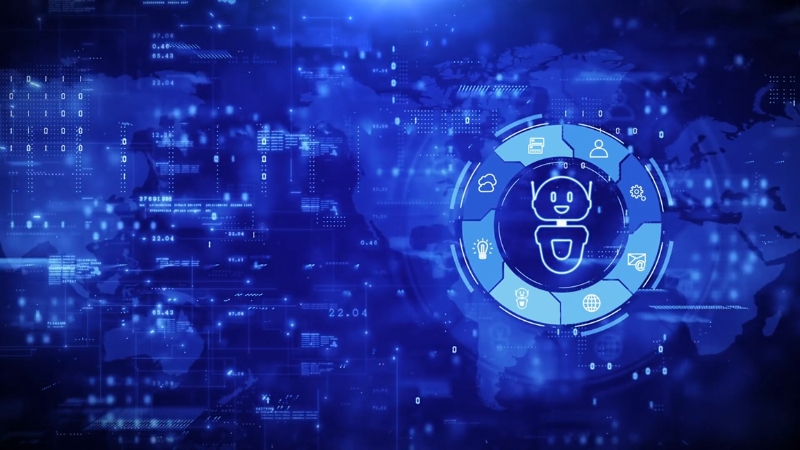 Digital interface with chatbot icon and global data visuals representing advances in AI-driven support