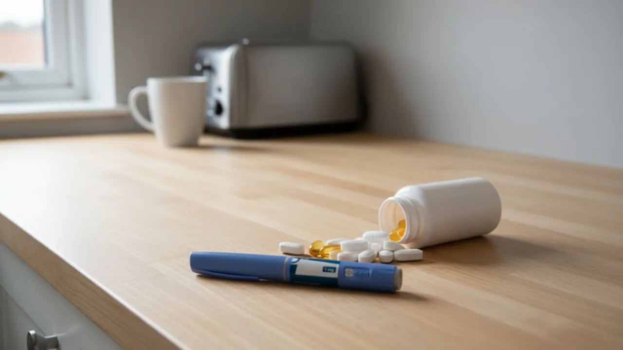 Weight-loss injections and supplements shown on a kitchen counter