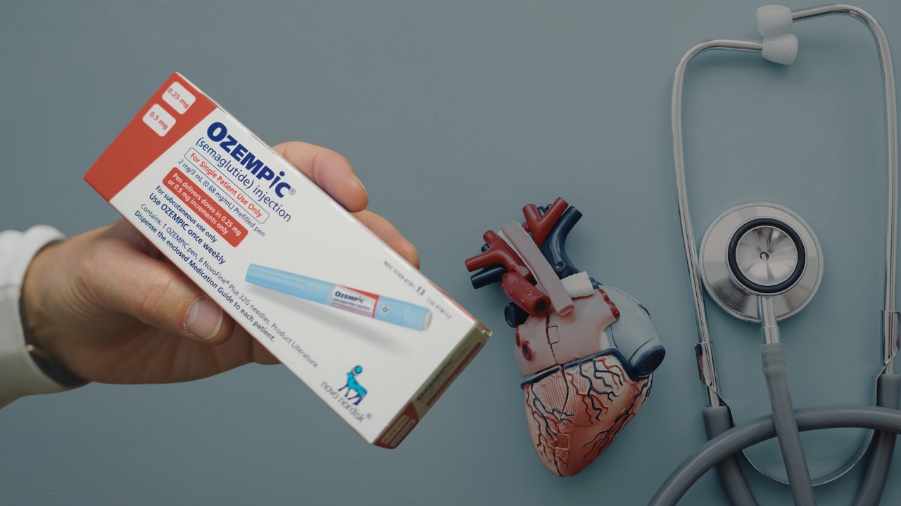 Hand holding an Ozempic box next to a heart model and a stethoscope
