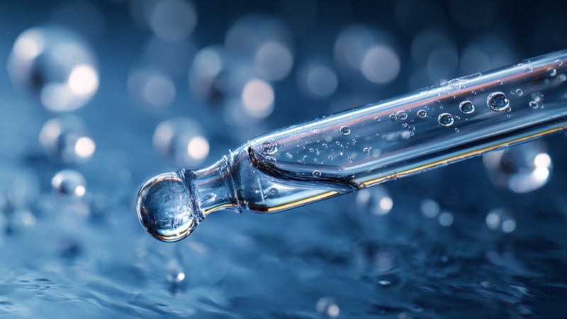 Close-up of a glass dropper filled with clear hyaluronic acid serum over a blue background