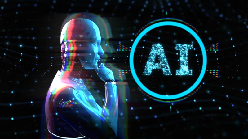 A humanoid AI figure looks at an AI symbol surrounded by digital network patterns