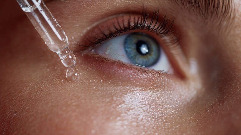 Close-up of an eye with a dropper applying hyaluronic acid serum to the skin