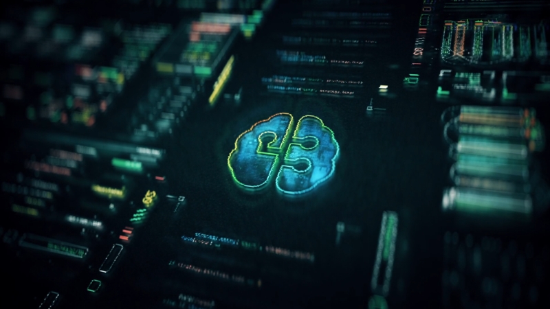 Digital interface showing a glowing AI brain icon on a dark control panel screen