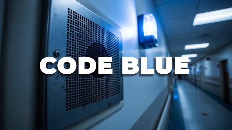 Hospital hallway speaker announcing Code Blue emergency for cardiac arrest