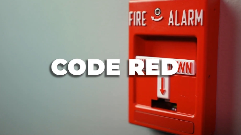 Hospital fire alarm pull station representing a Code Red fire emergency