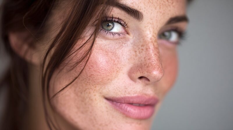 Close up of a young woman with green eyes and freckles across her cheeks and nose