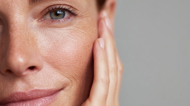 Close up of a woman's face showing fine lines around the eye and cheek