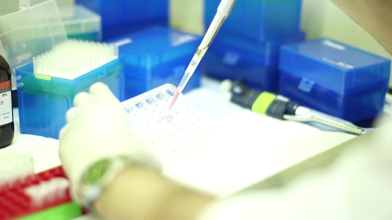 Laboratory technician using a pipette to process samples for genomic testing in a precision medicine lab
