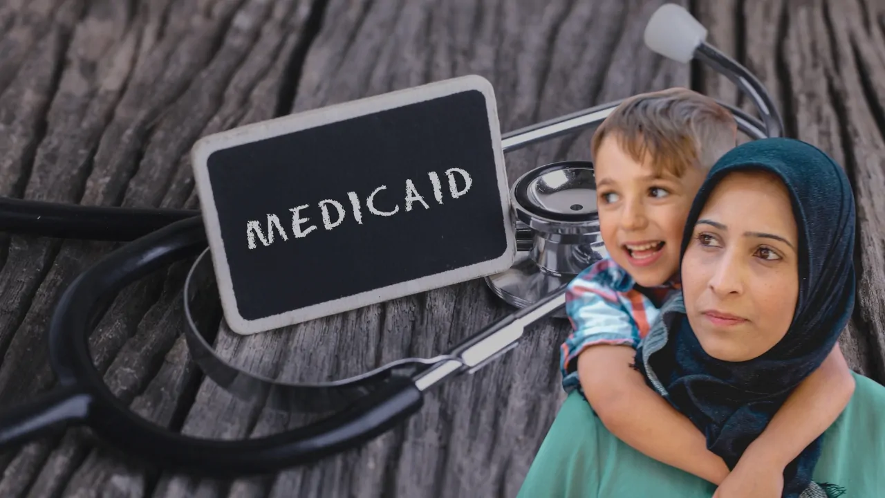 Medicaid sign with a mother and child, illustrating coverage questions for illegal immigrants