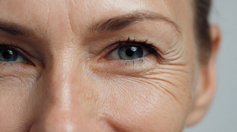 Close up of a woman's eye area showing fine lines and skin texture