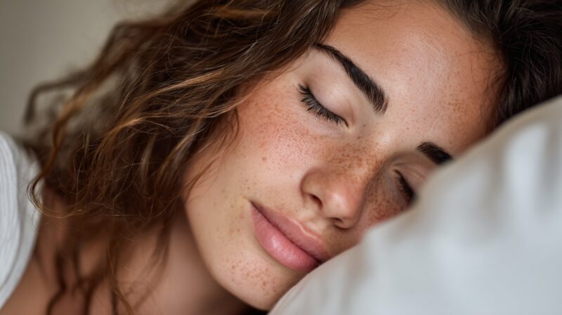 Young woman with freckles resting peacefully with eyes closed on a pillow