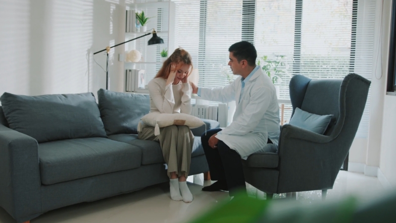 Young woman talks with a therapist about stress and mental health issues