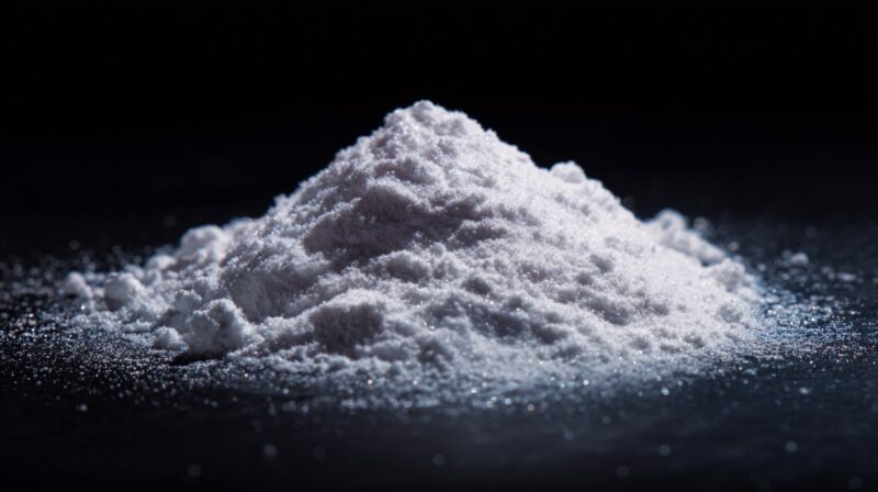Pile of fine white powder on a dark reflective surface