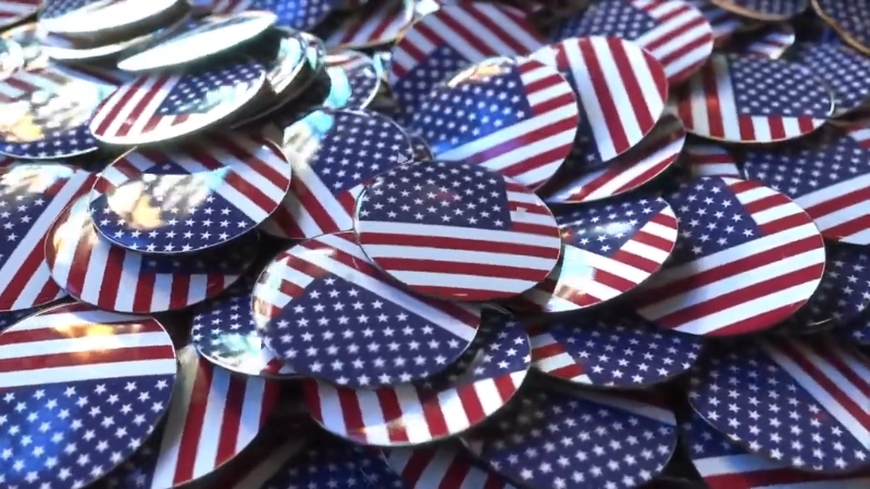 Pile of “I Voted” badges with the American flag used during U.S. elections