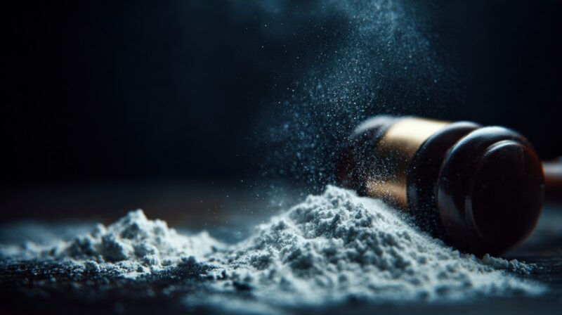 White powder spilled from a small bottle on a dark surface