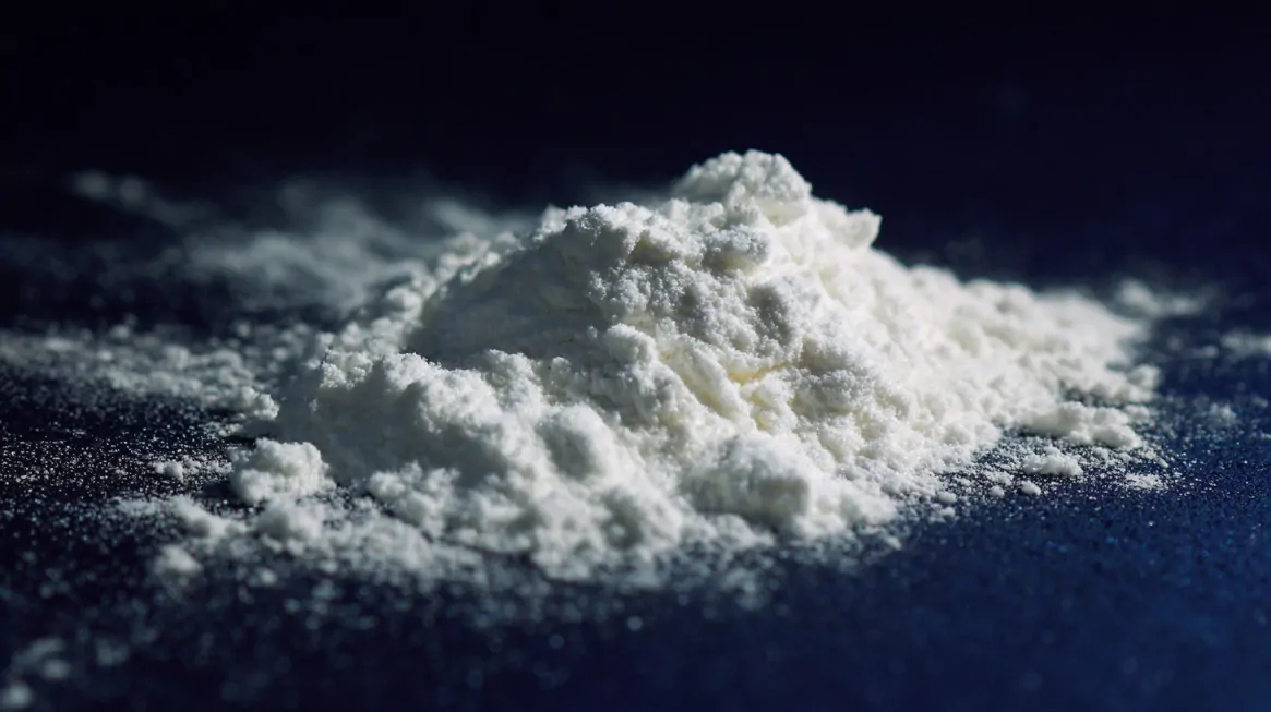 Close up of a small pile of fine white powder on a dark surface