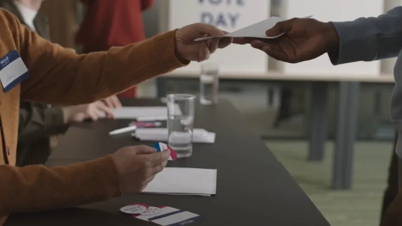 Voter hands identification to a poll worker during voter registration at a polling station