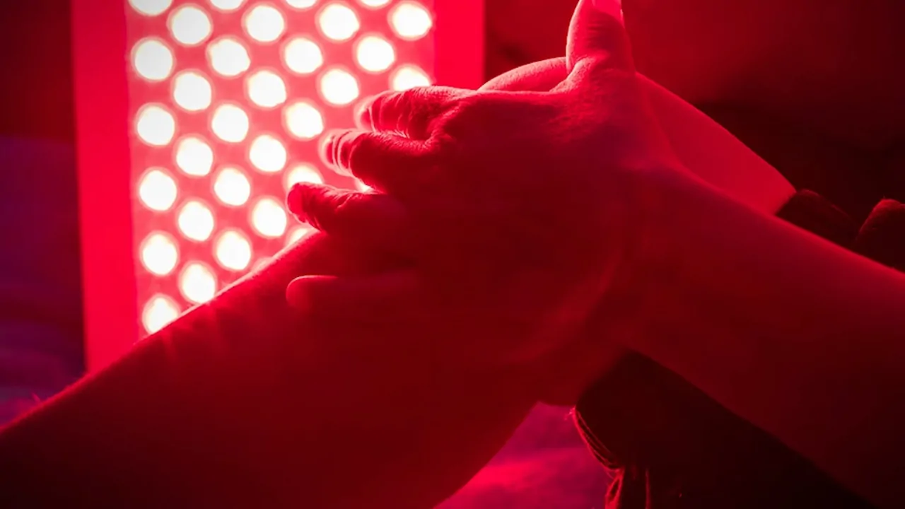 Person placing hands under a panel during near infrared light therapy session