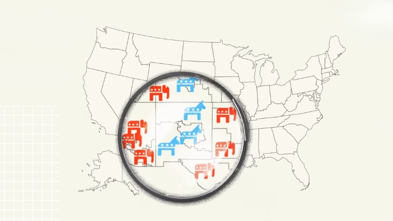 Map of the United States showing Democratic and Republican party affiliation across different states