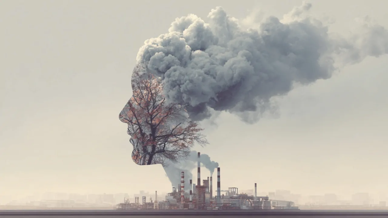 Conceptual illustration of air pollution affecting brain health, with smoke forming a human head above an industrial city