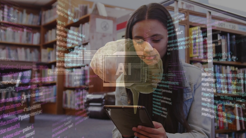 Student looks at a phone with AI text overlays in a library