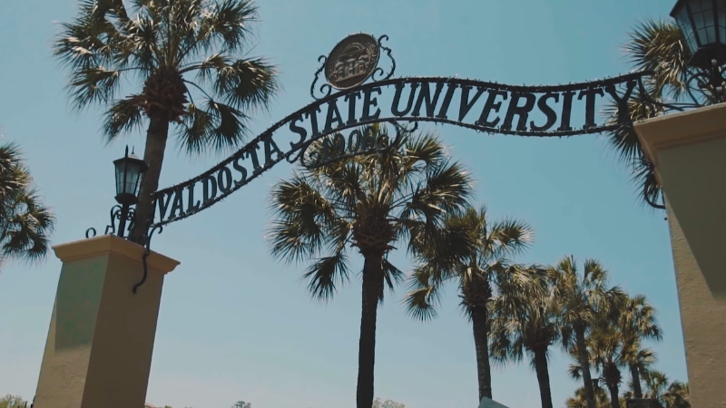 Entrance sign for Valdosta State University surrounded by palm trees on campus