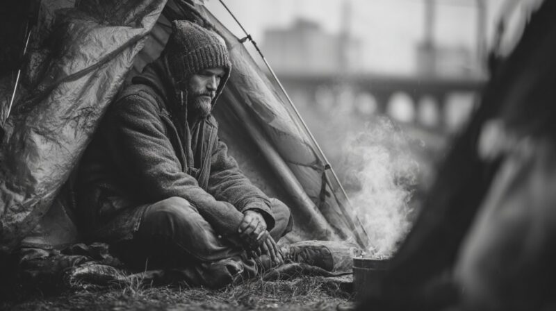 Man sitting outside a tent in an urban setting with smoke rising from a small container