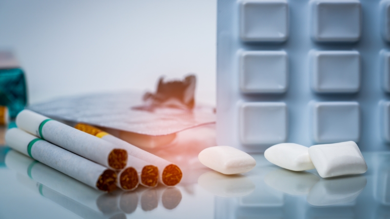 Nicotine replacement products such as patches, gum, and lozenges used to help people quit smoking