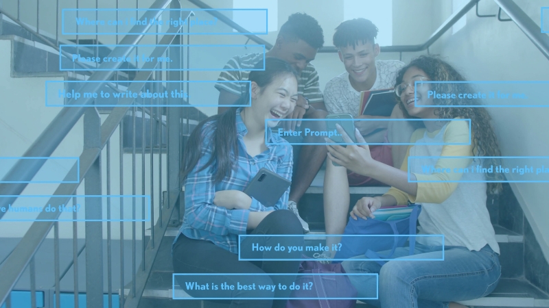 Students use phones with AI prompts on screen while sitting together on school stairs