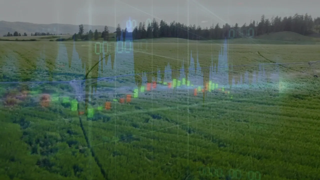 Agriculture statistics data overlay on a large green farm field with crop rows and irrigation system visible