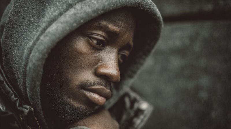 Close-up of a man in a hoodie looking down with a thoughtful expression
