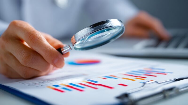 Person using a magnifying glass to examine charts and data on a document