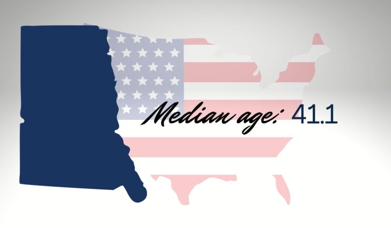 Map of Connecticut overlaid on the US flag with text showing median age of 41.1