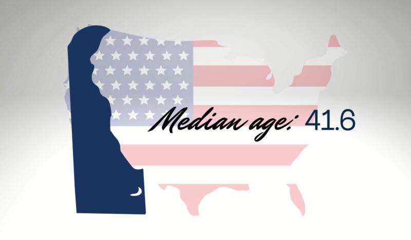 Map of Delaware overlaid on the US flag with text showing median age of 41.6