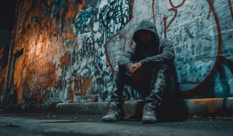 Person in a hoodie sitting against a graffiti-covered wall in a dim urban alley