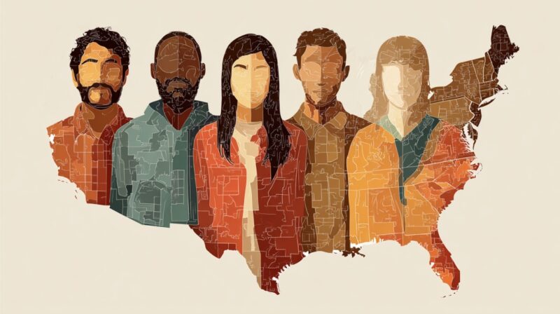 Illustration of diverse people overlaid on a map of the United States