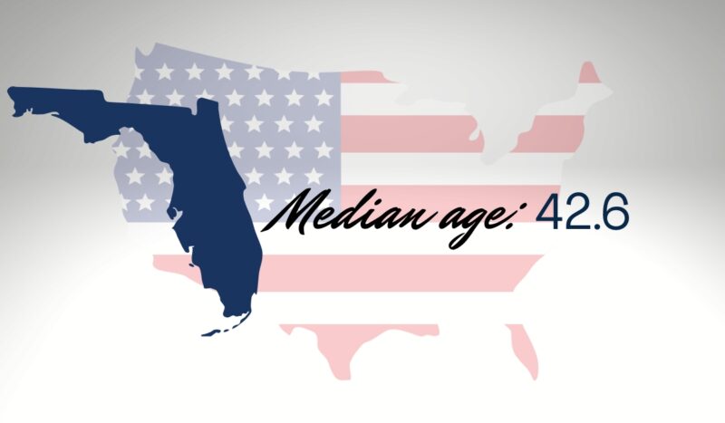 Map of Florida overlaid on the US flag with text showing median age of 42.6
