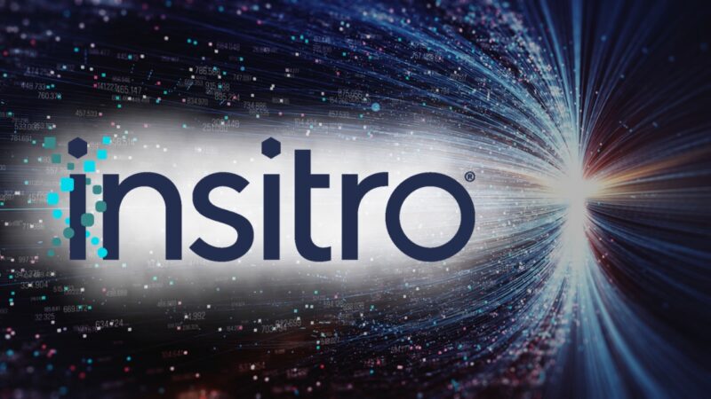Insitro logo over a digital data background with flowing data lines