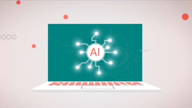 Laptop screen showing AI network nodes and connections symbolizing healthcare data analysis