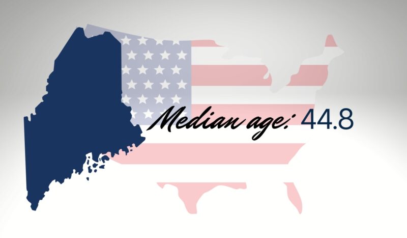 Map of Maine overlaid on the US flag with text showing median age of 44.8