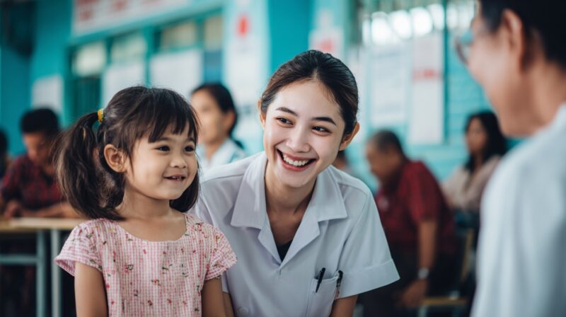 A smiling Thai nurse with a young child patient in a busy public hospital clinic.