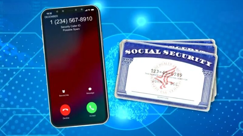 Social Security scam call shown on phone screen next to Social Security cards