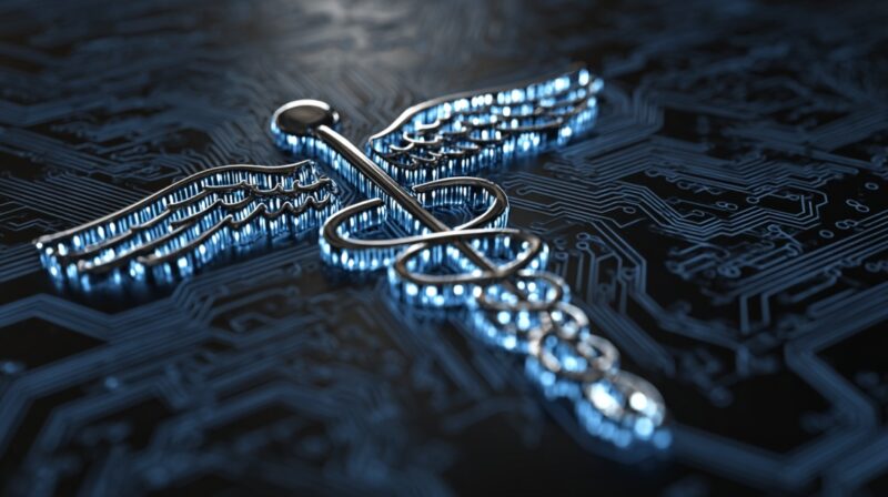 Medical caduceus symbol over a digital circuit board representing healthcare cybersecurity