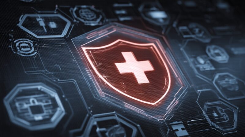 Digital shield with a medical cross symbol representing healthcare cybersecurity