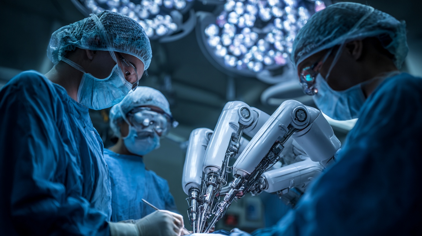 Surgeons performing robotic-assisted surgery using a da Vinci robotic system in a Thai operating room