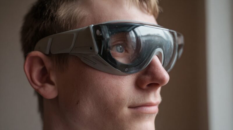 Person wearing advanced smart glasses designed to assist vision