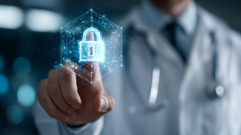 Doctor interacting with a digital lock icon symbolizing secure healthcare systems